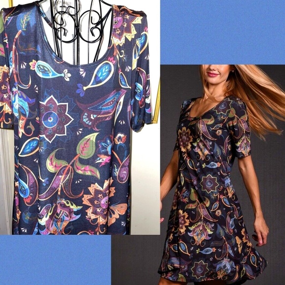 LBISSE "BLACK FLORAL SHIFT DRESS" SILKY STRETCH KNIT~MEDIUM - Picture 3 of 3